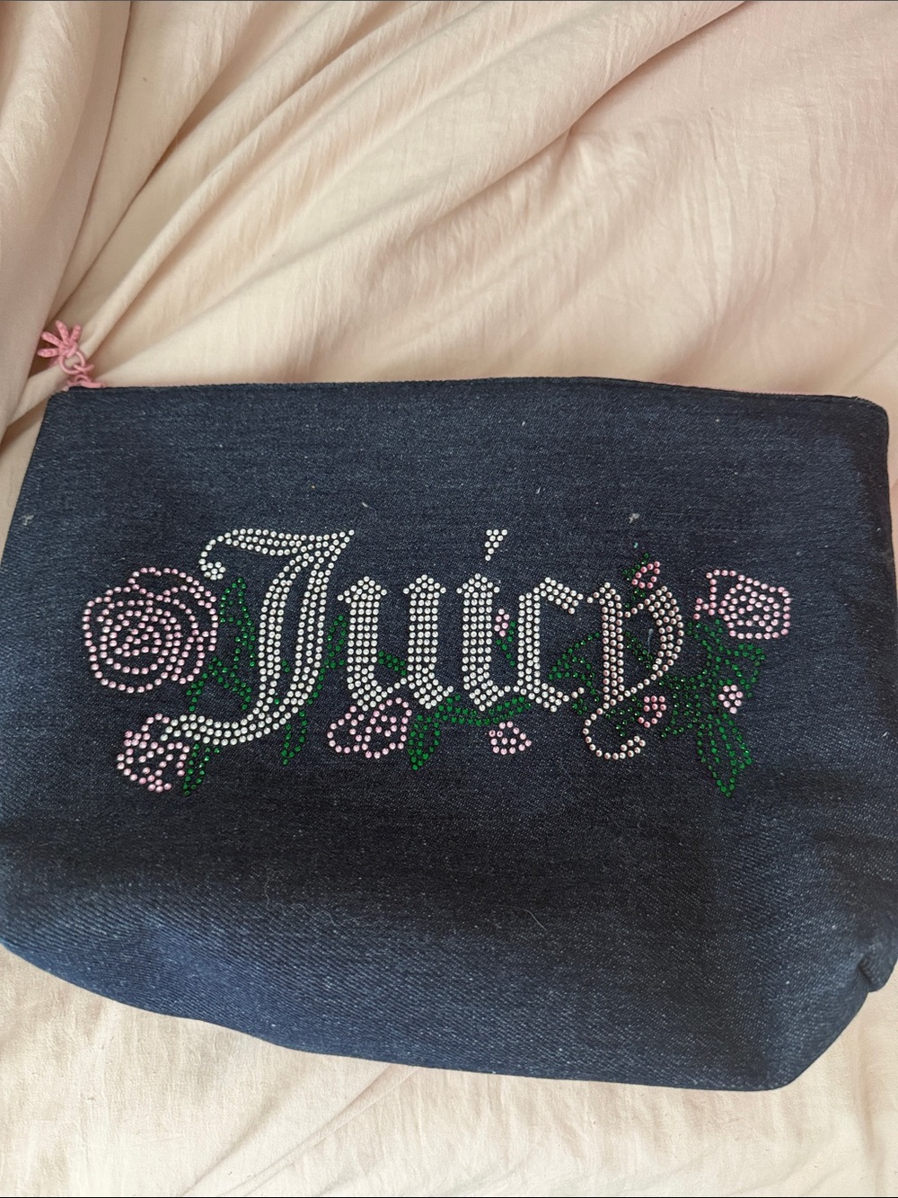 Juicy Couture Black Denim Cosmetic Pouch with Pink & Green Rhinestone Logo